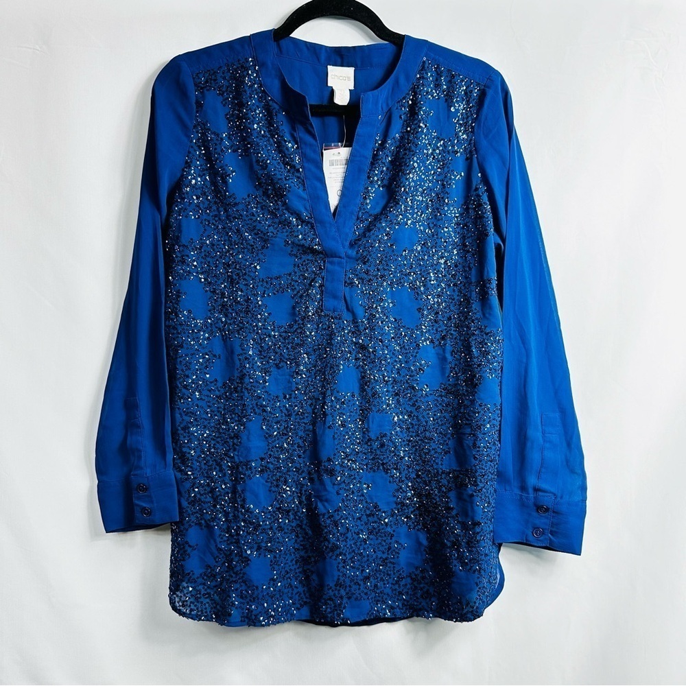 NWT Chico’s Women’s SzO Viking Blue Relaxed Elegance Fayth Long Sleeve Woven Top